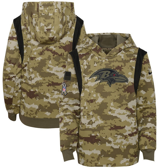 Youth Baltimore Ravens 2021 Camo Salute To Service Therma Performance Pullover Hoodie